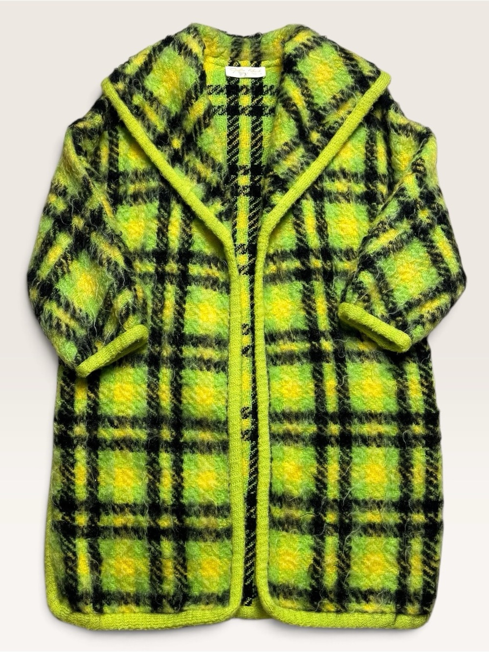 Vintage Jules Tabach California 60s Fuzzy Plaid Sweater Coat Lime Green